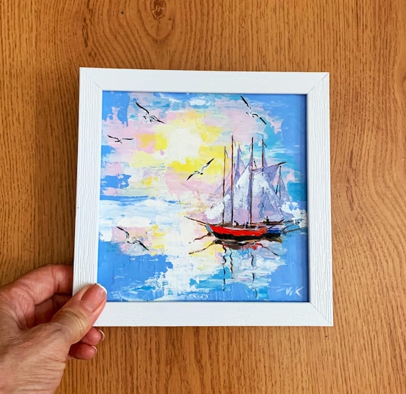 Original Sailboat Painting: Impasto Seascape Art (6x6 in)