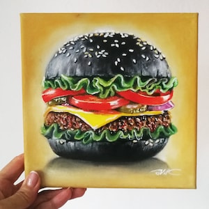 Burger Painting Original Oil Painting Hyper Realism Painting Wall Art 8 x 8 by PaintingVIKArt