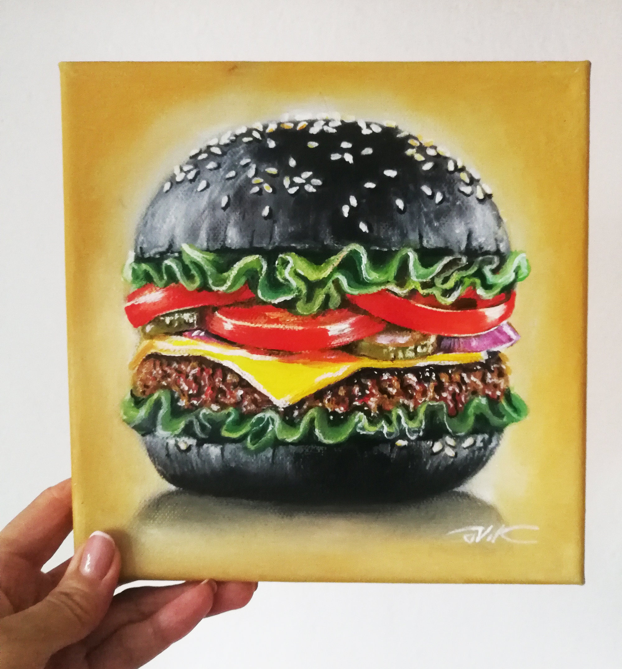 Burger Painting Original Oil Painting Hyper Realism Painting Wall Art 8 x 8 by PaintingVIKArt