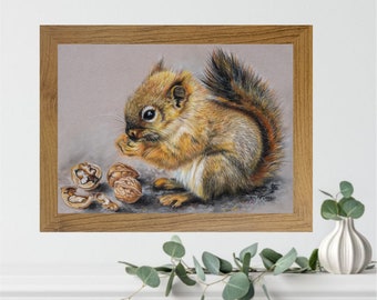 リスの絵画 オリジナル 野生動物アート 動物のアートワーク 森の動物