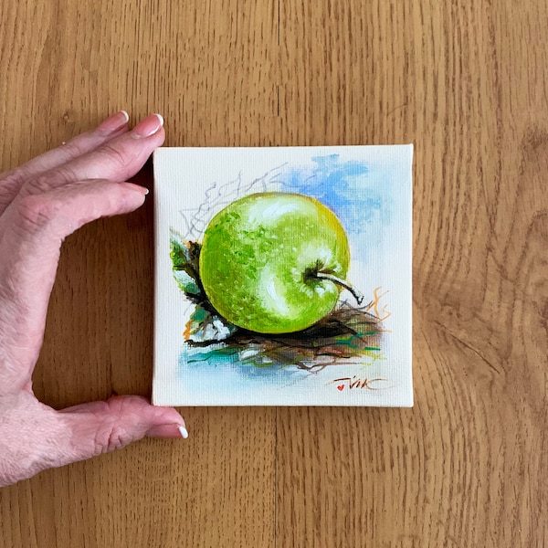 Green Apple Painting Original Art Miniature Oil Painting on Canvas Fruit Painting Wall Decor