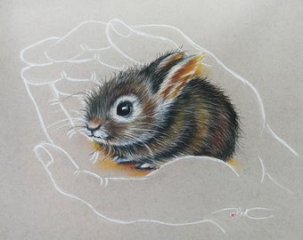 Original Rabbit Pastel Painting: Small Animal Wall Art