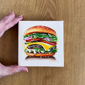 Miniature Burger Painting Original Oil Painting Hyperrealism Picture Wall Art Handmade PaintingVIKArt