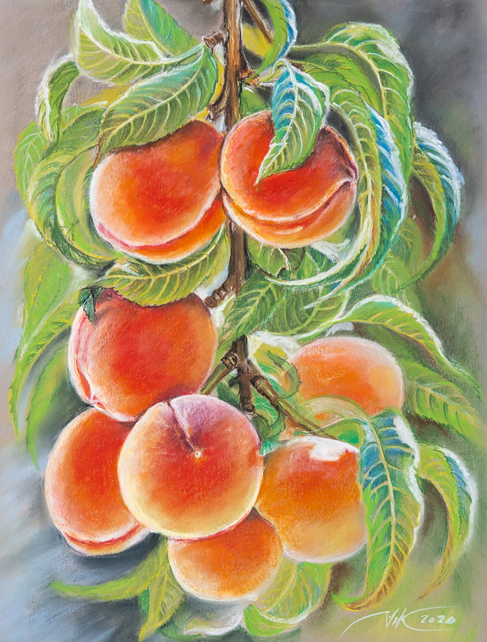 Peach Painting Original Art Fruit on a Branch Painting Pastel Etsy