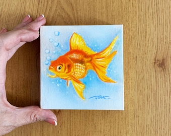 金魚の絵画イラスト 6 x 6 小さな魚 オイルパステルマーカー 水彩