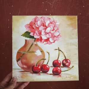 Hydrangea and Cherry Oil Painting Original Art Flowers Painting Impasto Wall Painting 10 x 10 inches by PaintingViKArt