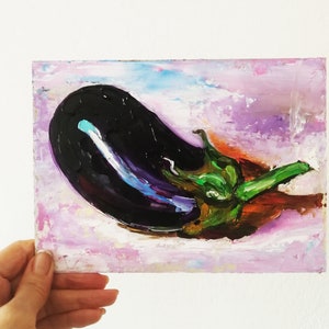May include: An oil painting of a dark purple eggplant with a green stem. The artwork features thick brushstrokes and a textured surface. The background is a blend of pink, purple, and blue hues.