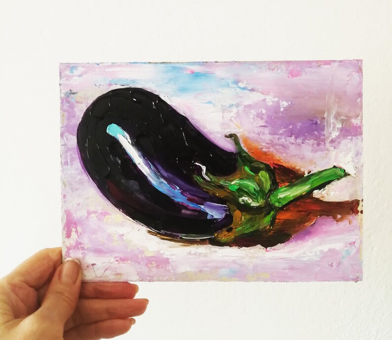 May include: An oil painting of a dark purple eggplant with a green stem. The artwork features thick brushstrokes and a textured surface. The background is a blend of pink, purple, and blue hues.