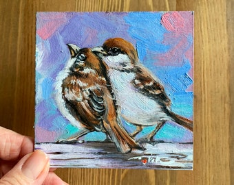 Sparrow Painting Original Art Birds Painting Oil Painting Wall Art Handmade Artwork Small Framed Picture