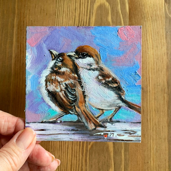 Sparrow Painting Original Art Birds Painting Oil Painting Wall Art Handmade Artwork Small Framed Picture