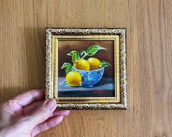 Lemons in a Vase Painting Original Art Fruit Oil Painting Wall Decor