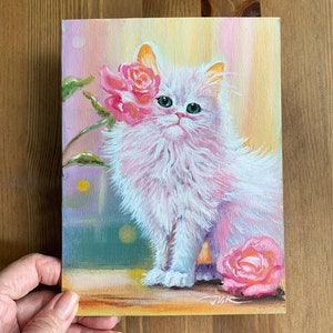 Cat Painting Flowers Painting Original Art Handmade Oil Painting Wall Decor