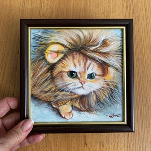 Funny Cat in Tiger Hat Painting Original Art Oil Painting Small Framed Painting Wall Decor