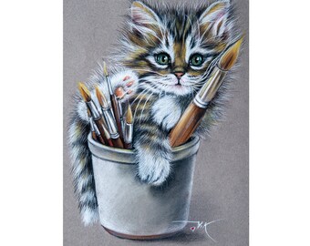 絵画 油絵 母と仔 猫 ママ、子猫と猫の絵、子猫と猫のアート、動物の絵