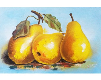 Impasto Pear Oil Painting on Canvas: Original Kitchen Art, 8x12 inches