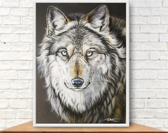 Original Wolf Pastel Painting: Wild Animal Wall Art