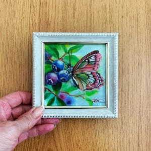 Butterfly on Berries Painting Original Art Wall Painting Insects Oil Painting Small Framed Painting