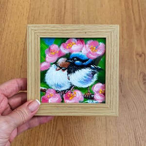 Pair Of Birds Painting Original Art Birds Oil Painting Small Framed Painting Wall Art Wall Decor