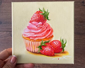 Strawberry Cupcake Painting Original Art Food Painting Wall Art Artwork 6 x 6 inches from PaintingVIKArt