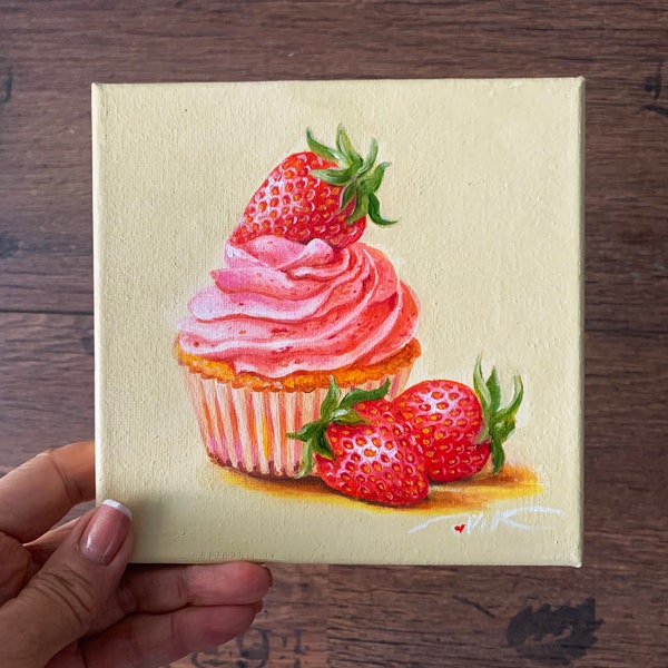 Strawberry Cupcake Painting Original Art Food Painting Wall Art Artwork 6 x 6 inches from PaintingVIKArt