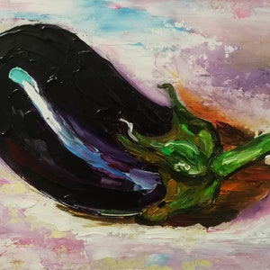May include: An oil painting of a dark purple eggplant with a bright green stem. The artwork uses thick brushstrokes and a palette of purple, green, white, and brown. The background is a blend of pink and white.