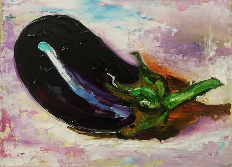 May include: An oil painting of a dark purple eggplant with a bright green stem. The artwork uses thick brushstrokes and a palette of purple, green, white, and brown. The background is a blend of pink and white.