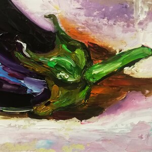 May include: An oil painting of an eggplant with a green stem. The eggplant is a deep purple color, with a dark shadow on the left side. The stem is a bright green, and the background is a mix of colors.
