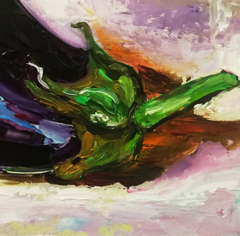 May include: An oil painting of an eggplant with a green stem. The eggplant is a deep purple color, with a dark shadow on the left side. The stem is a bright green, and the background is a mix of colors.