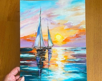 Original Acrylic Sailboats Painting, Sunset Seascape Wall Art, Coastal Decor