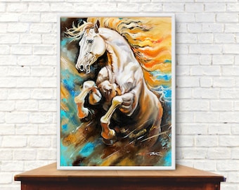 ホームデコレーションアート、海辺の馬、白馬の絵画、キャンバス絵画