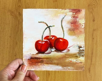 Cherry Berry Painting Original Oil Painting Impasto  Wall Art 6 x 6 by PaintingVIKArt