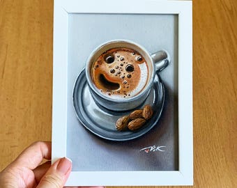 Cup of Coffee with Almonds Painting Original Art Drinks Painting Wall Art Oil Painting Framed Home Decor