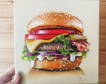 Burger Painting Original Art Oil Painting Canvas Food Painting Small Oil Painting Hyperrealism by PaintingVIKArt