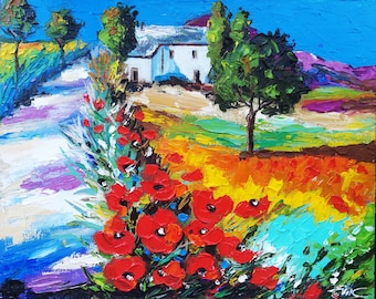 Impasto Poppies Painting: Provence Tuscany Landscape Oil Art 8x10