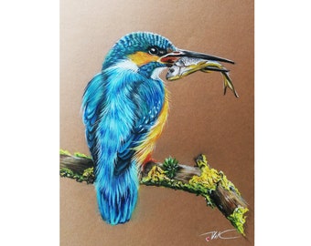 カワセミのオリジナル水彩画、鳥類学の壁画、池や森の美しい色鮮やかな