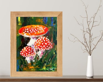 Mushroom Family Oil Painting, Original Handmade Wall Art (15x20cm)