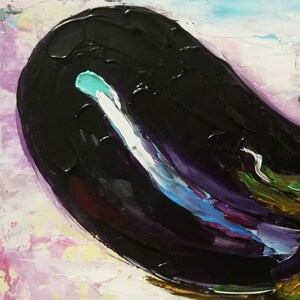May include: Close-up of an abstract painting of an eggplant. The eggplant is primarily black with purple, white, blue, and green accents. The background has a mix of pink, white, and blue brushstrokes.