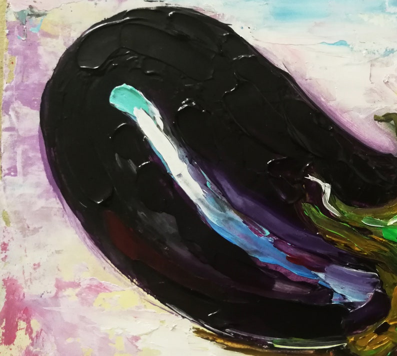 May include: Close-up of an abstract painting of an eggplant. The eggplant is primarily black with purple, white, blue, and green accents. The background has a mix of pink, white, and blue brushstrokes.