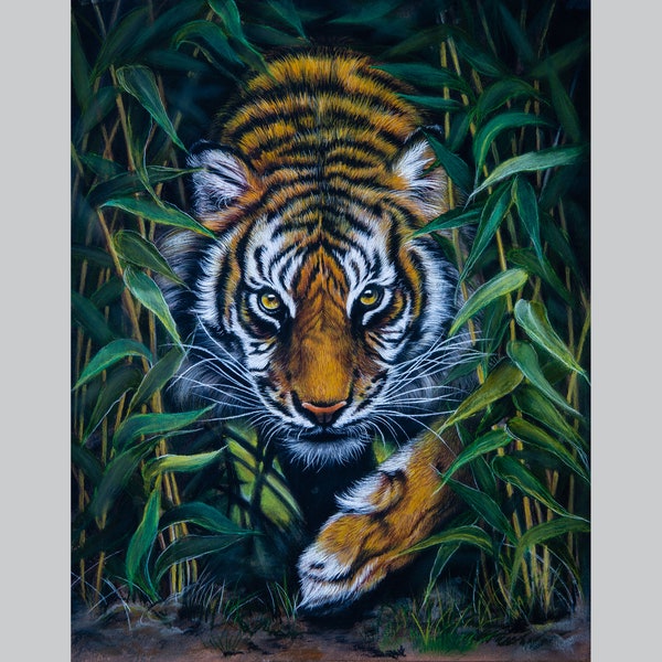 Original Tiger Pastel Painting: Wildlife Animal Wall Art