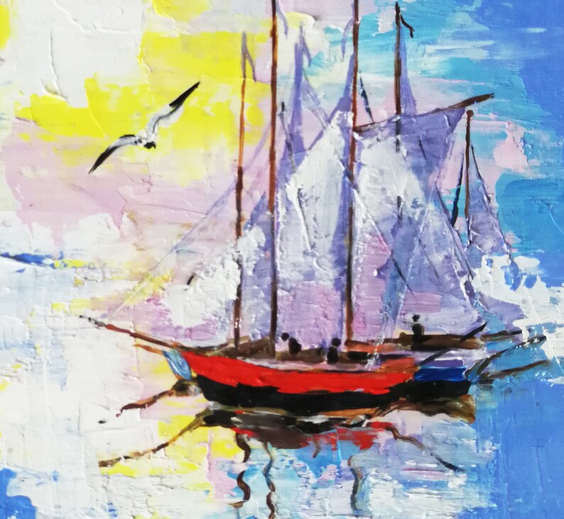 May include: A painting of a red and black sailboat with white sails against a blue and pink sky. The sailboat is in the water with a seagull flying overhead.