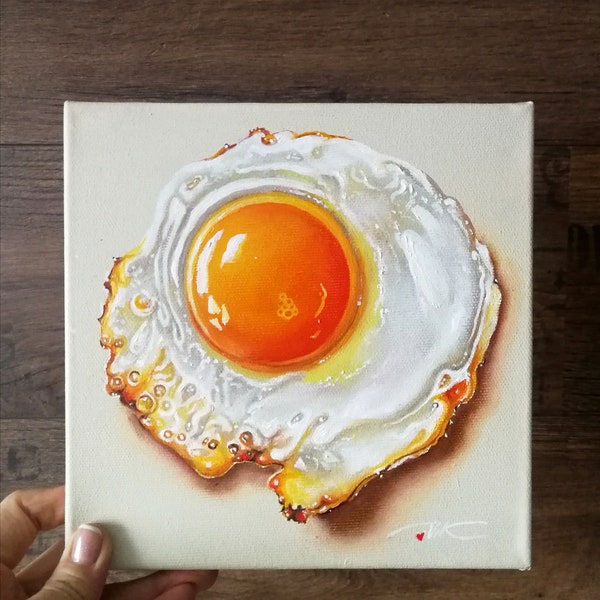 Fried Egg Painting Food Original art Still life Painting Hyperrealism Wall Art by PaintingVIKArt