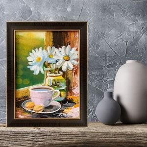Daisies Painting Cup Painting Original Art Flowers Painting Framed Wall Art 5x7 from PaintingVIKArt