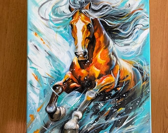 赤い馬の絵画：キャンバスに描かれたファンタジー動物アート - 55 x 55