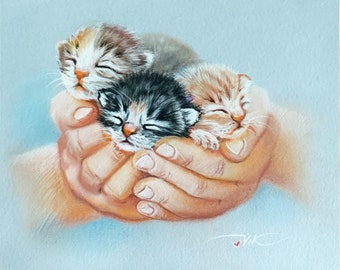 Kittens in Palms Painting Original Art Handmade Wall Painting Wall Decor