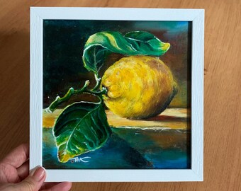 レモンの絵画オリジナルアート静物油絵、フルーツの壁アート、キッチン