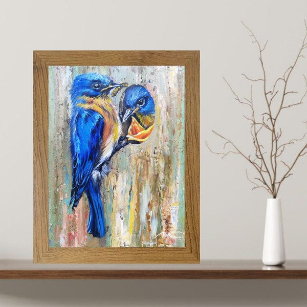 Blue Bird Painting Bird Family Painting  Original Art Nightingale Painting Small Bird Painting Wall Art by PaintingViKArt