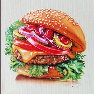 Burger Oil Painting Food Original Art Canvas Wall Art 8 x 8 by PaintingVIKArt