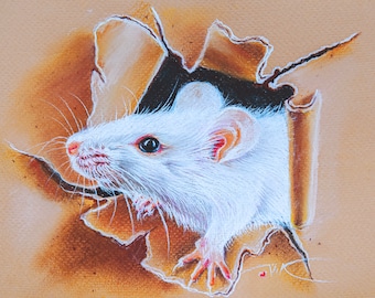 小さなネズミのオリジナル絵画、素敵なネズミの油絵、穴の中のネズミの