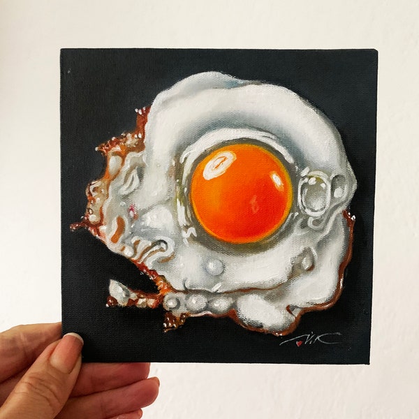 Fried Egg Painting Original Art Food Painting Still Life Painting Hyperrealism Wall Art 6 x 6 by PaintingVIKArt