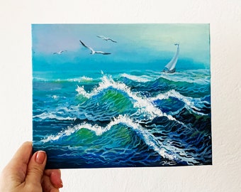 Wave Ocean Seascape Painting Original Art on Canvas Beach Painting Sea Painting 12 x 12 inches by PaintingViKArt